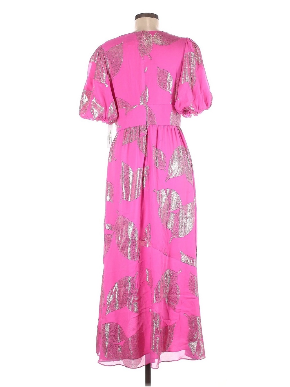 Shoshanna Midnight Pink Maxi Dress with Bronze Metallic Accents Puff Sleeves 8 M - Picture 2 of 4